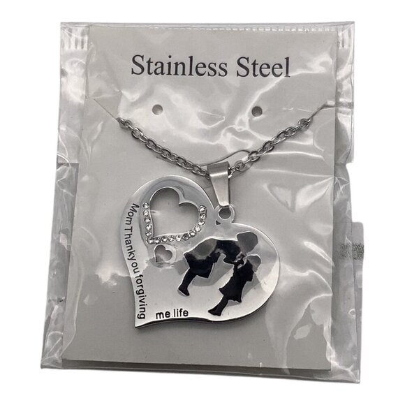 Heart Pendant Necklace Mother & Child Stainless Steel Chain Engraved Jewelry - Picture 9 of 14